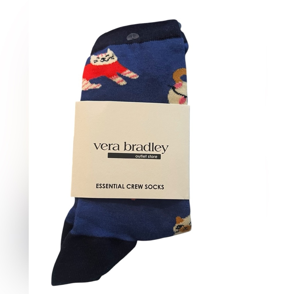 Vera Bradley Navy Crew Socks with Multi-Color Cat Motifs